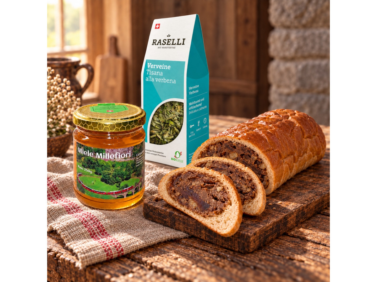Buongiorno Valposchiavo con miele millefiori, pane di pere e tisana Verbena Bio
