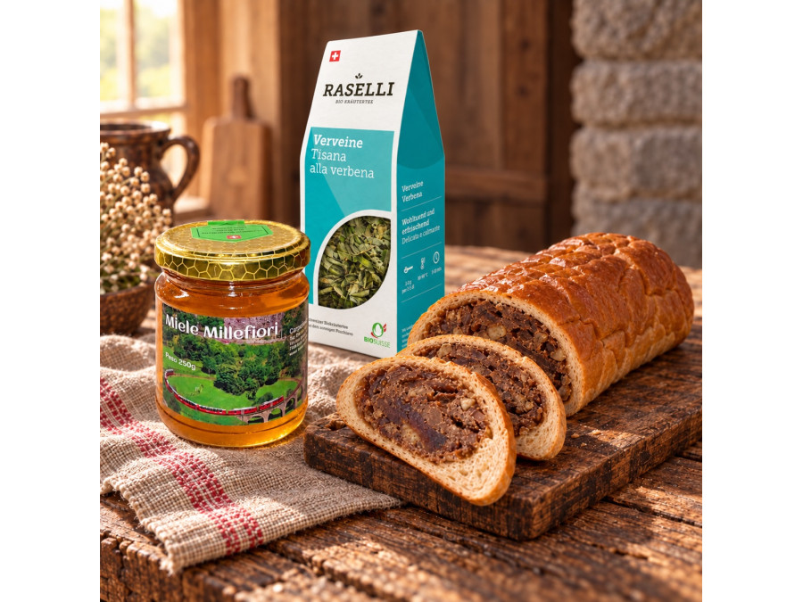 Buongiorno Valposchiavo con miele millefiori, pane di pere e tisana Verbena Bio