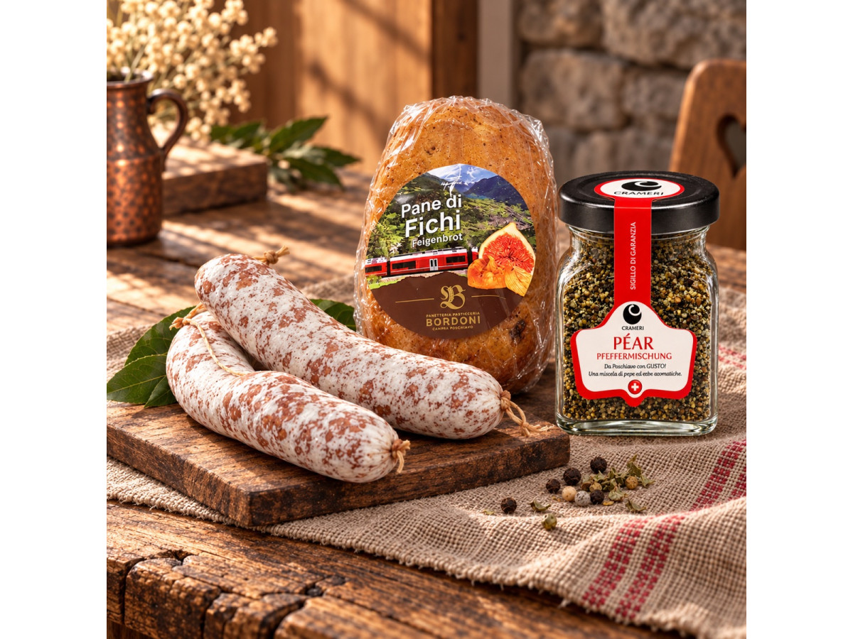 Valposchiavo Apéro mit drei Salametti, Feigenbrot und Péar