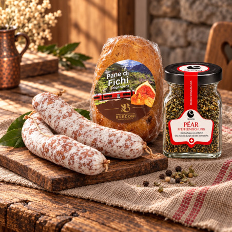 Aperitivo Valposchiavo con tre salametti, pane di fichi e Péar