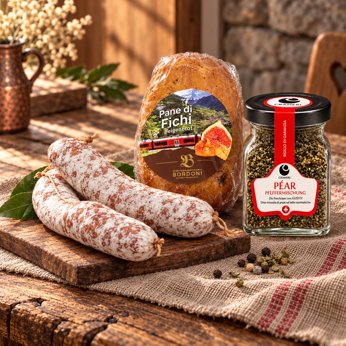 Aperitivo Valposchiavo con tre salametti, pane di fichi e Péar