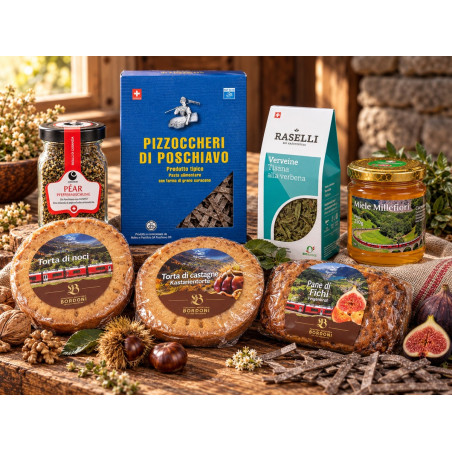 Valposchiavo Entdecker-Set mit Péar, zwei Torten, Bio-Verveine, Pizzoccheri, Feigenbrot und Blütenhonig