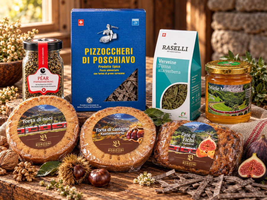 Selezione Valposchiavo con Péar, due tortine, Verbena Bio, Pizzoccheri, pane di fichi e miele Millefiori