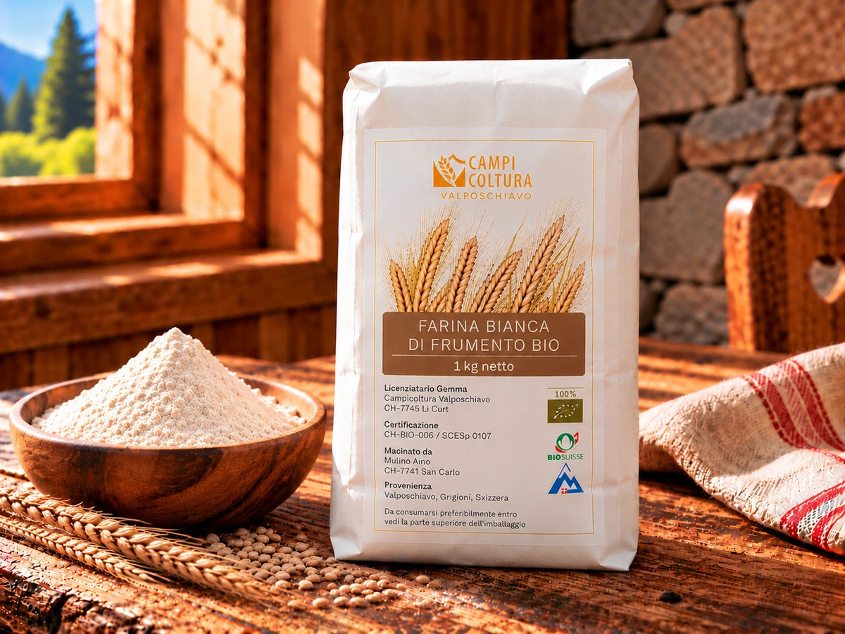 Farina bianca di frumento bio della Val Poschiavo di Campicoltura Valposchiavo, confezione da 1 kg.