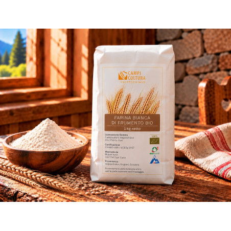 Farina bianca di frumento bio della Val Poschiavo di Campicoltura Valposchiavo, confezione da 1 kg.