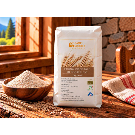Bio-Roggenvollkornmehl aus dem Puschlav von Campicoltura Valposchiavo, 1 kg-Packung.