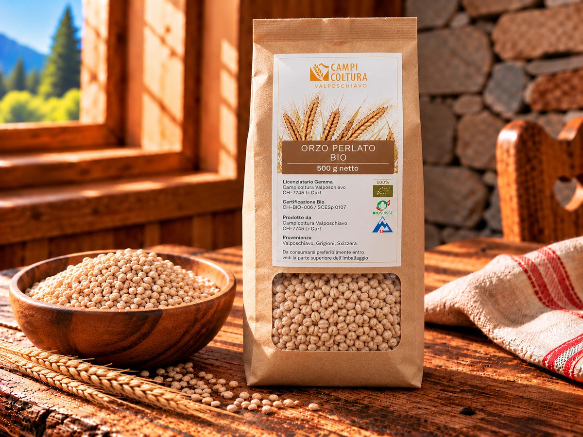 Bio-Rollgerste aus dem Puschlav von Campicoltura Valposchiavo, 500 g-Packung.