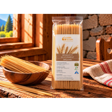 Spaghétt da fürmént aus dem Puschlav von Campicoltura Valposchiavo, 500 g-Packung.