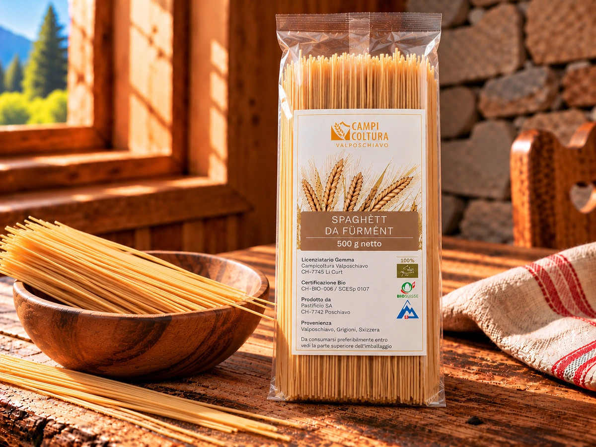 Spaghétt da fürmént aus dem Puschlav von Campicoltura Valposchiavo, 500 g-Packung.