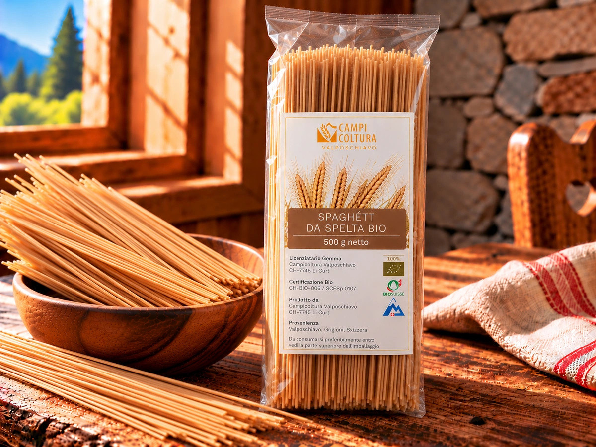 Spaghétt da spelta bio aus dem Puschlav von Campicoltura Valposchiavo, 500 g-Packung.
