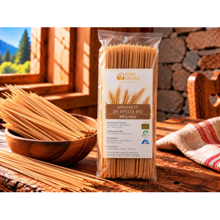 Spaghétt da spelta bio aus dem Puschlav von Campicoltura Valposchiavo, 500 g-Packung.