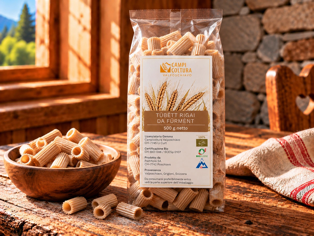 Tübétt Rigai da fürmént aus dem Puschlav von Campicoltura Valposchiavo, 500 g-Packung.