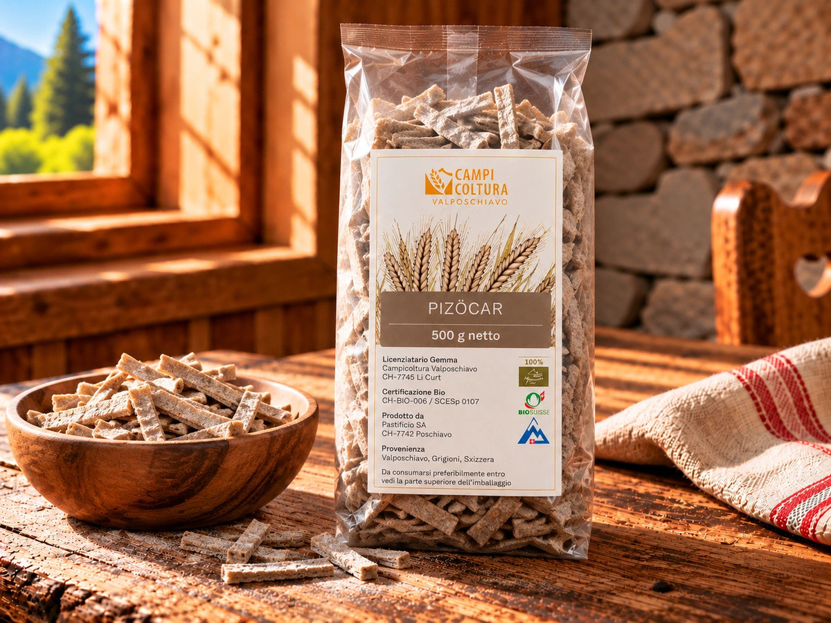 Pizöcar aus dem Puschlav von Campicoltura Valposchiavo, 500 g-Packung.