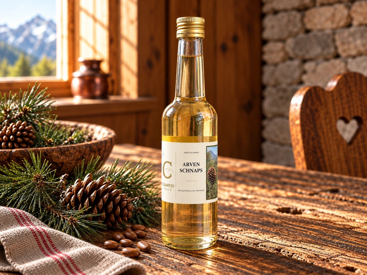 Grappa al cirmolo con pigne verdi della Val Poschiavo – Crameri Food, 250 ml.