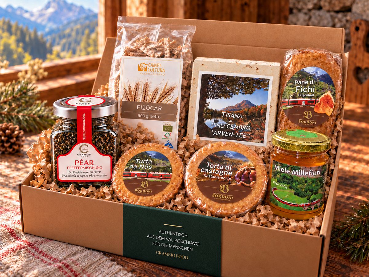 Begegnungen mit dem Puschlav – Crameri Food; Geschenkbox mit den enthaltenen Spezialitäten.