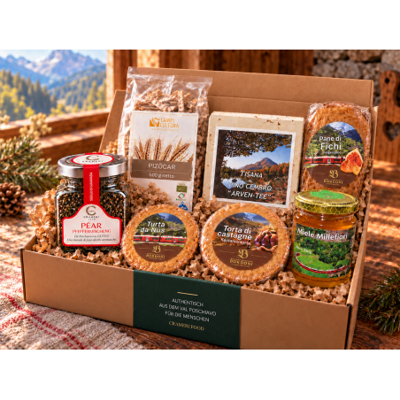 Begegnungen mit dem Puschlav – Crameri Food; Geschenkbox mit den enthaltenen Spezialitäten.