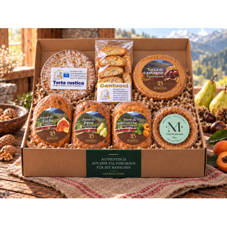 Köstlichkeiten aus dem Ofen – Crameri Food; Geschenkbox mit den enthaltenen Spezialitäten.