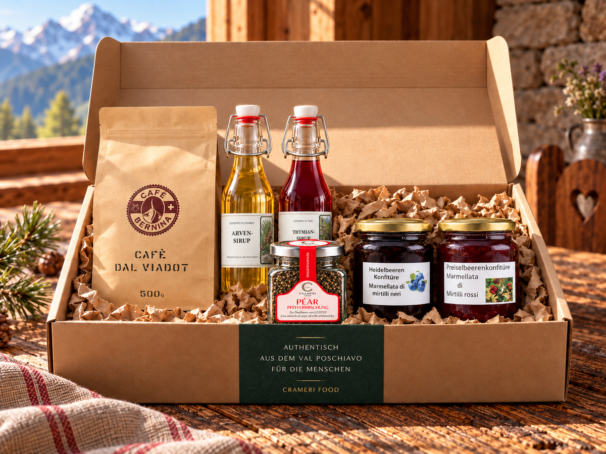 Düfte aus der Bottega – Crameri Food; Geschenkbox mit den enthaltenen Spezialitäten.