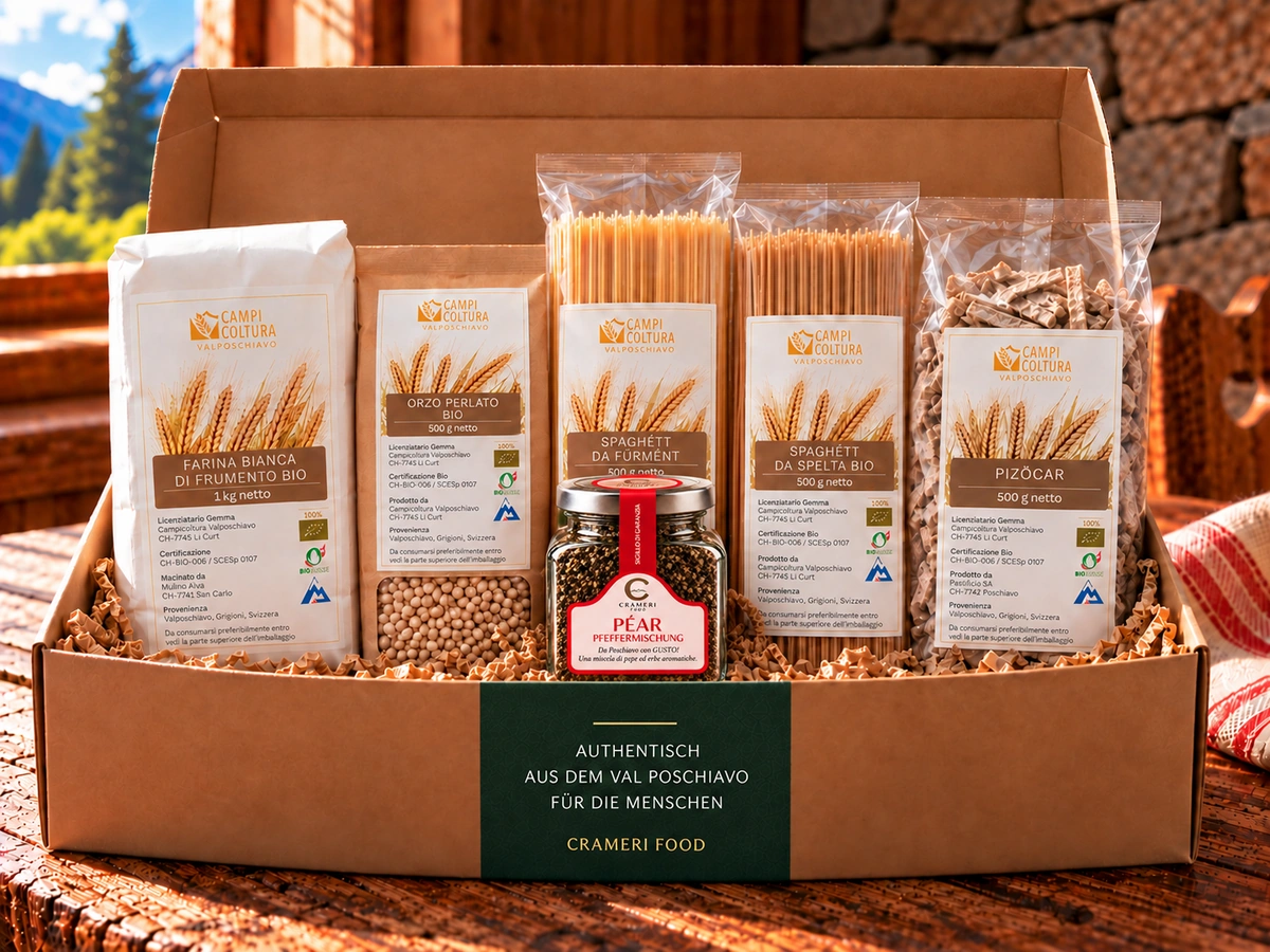 Vom Feld auf den Tisch – Crameri Food; Geschenkbox mit den enthaltenen Spezialitäten.