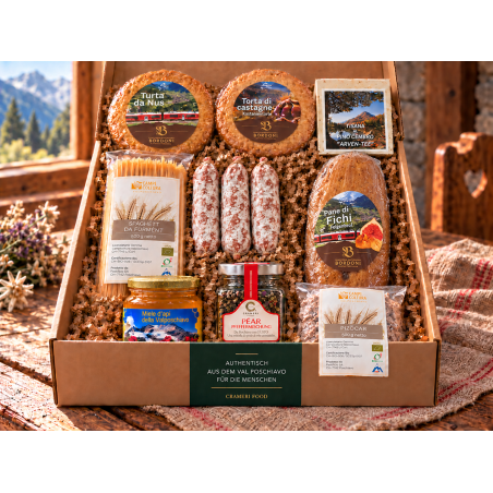 Die Seele des Puschlavs – Crameri Food; Geschenkbox mit den enthaltenen Spezialitäten.