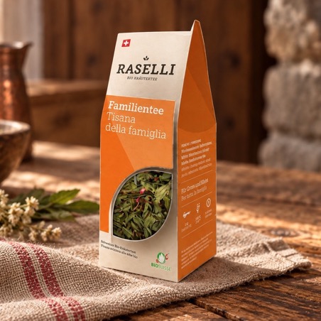 Tisana Famiglia Raselli Bio, miscela di erbe alpine della Val Poschiavo