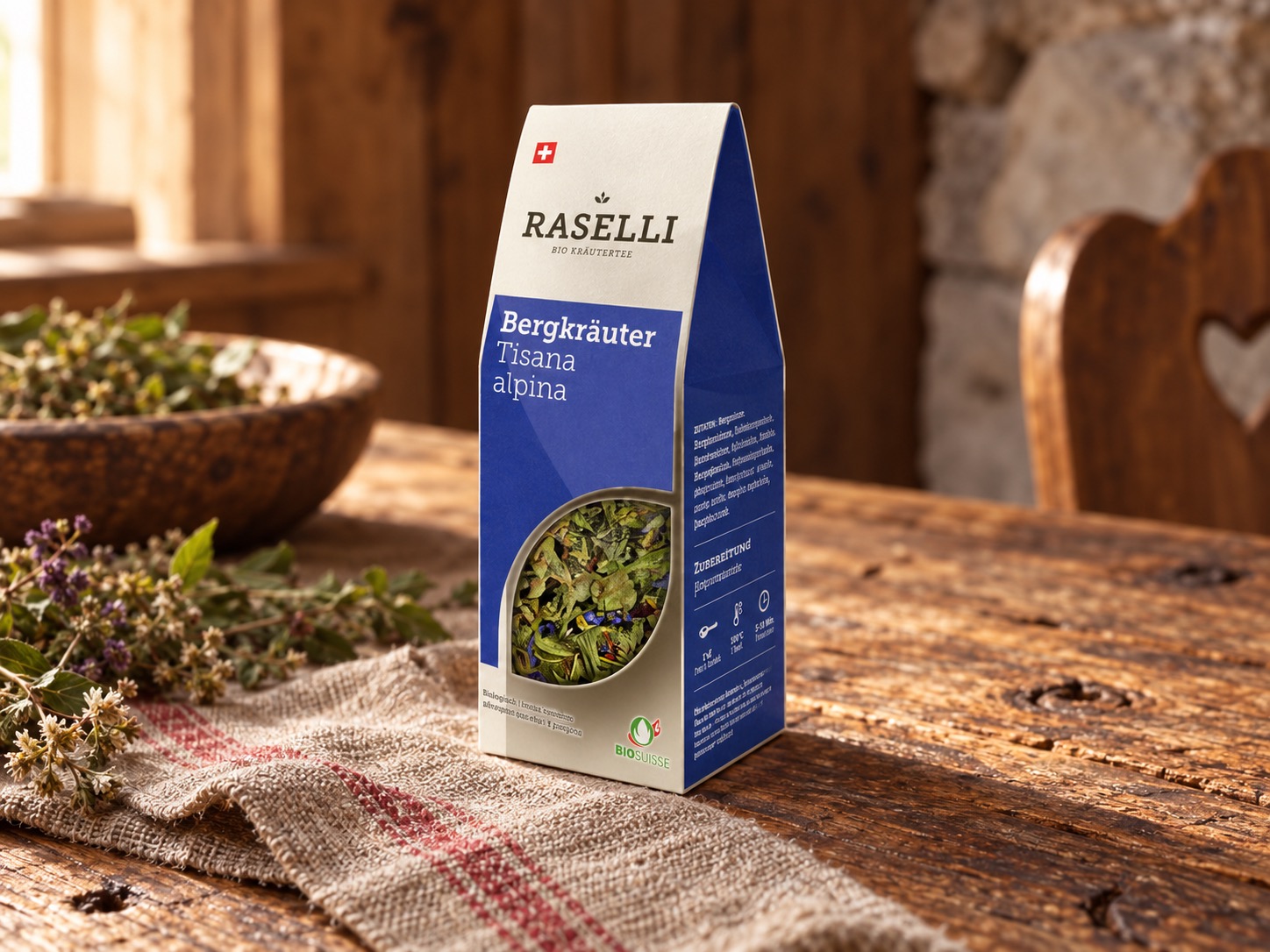 Tisana Erbe Alpine Bio Raselli coltivata nella Val Poschiavo