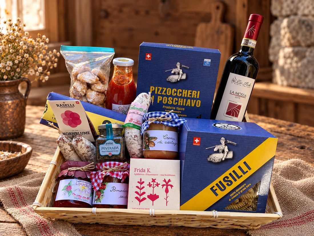 Grosse Geschenkbox mit Spezialitäten aus dem Valposchiavo